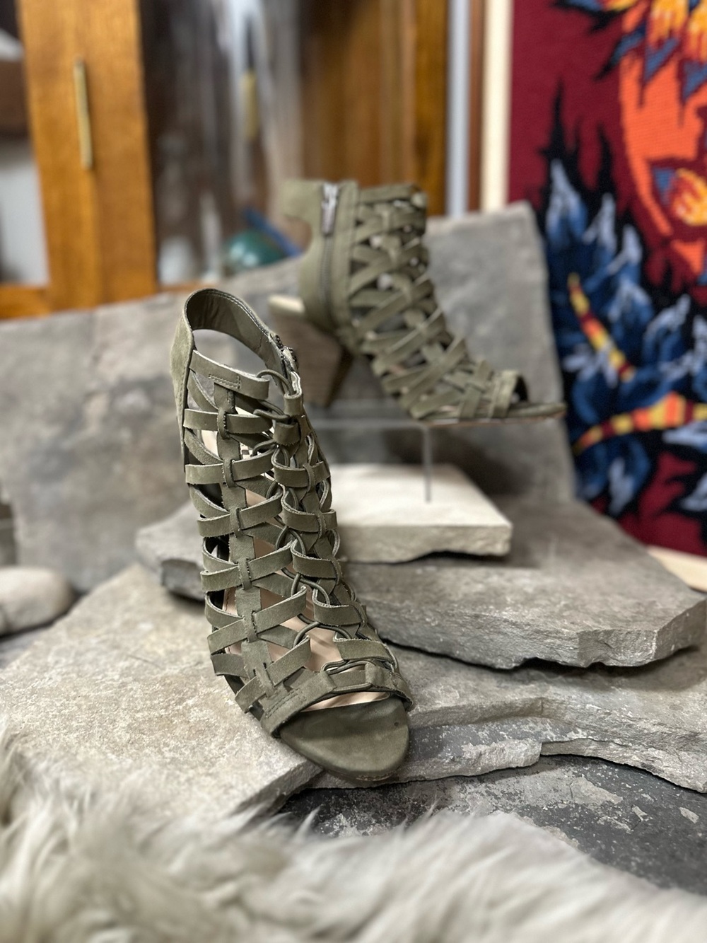 Vince Camuto Olive Green Suede Woven Lace-Up Heeled Sandals